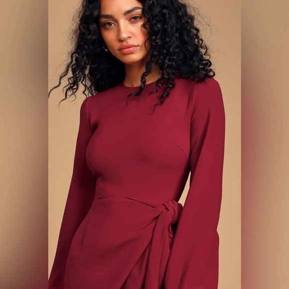 Lulus Believe It or Knot Wine Red Long
Sleeve Tie-Front Skater Dress - Picture 4 of 7